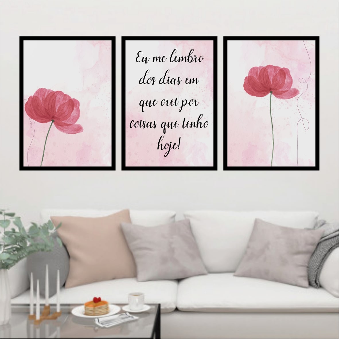 Kit de 3 Quadros com flores vermelhas e frase