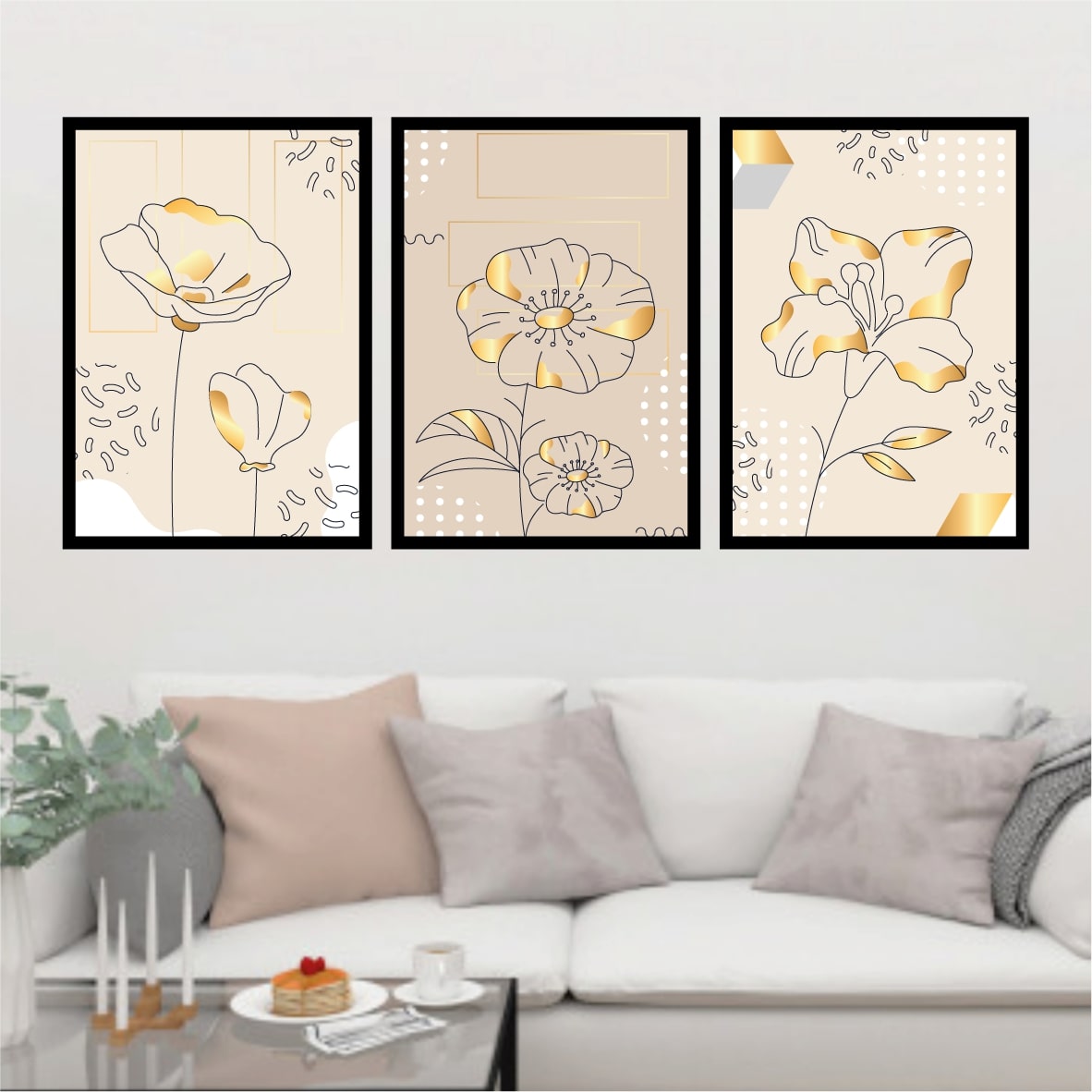 Kit de 3 Quadros com flores em tons de amarelo