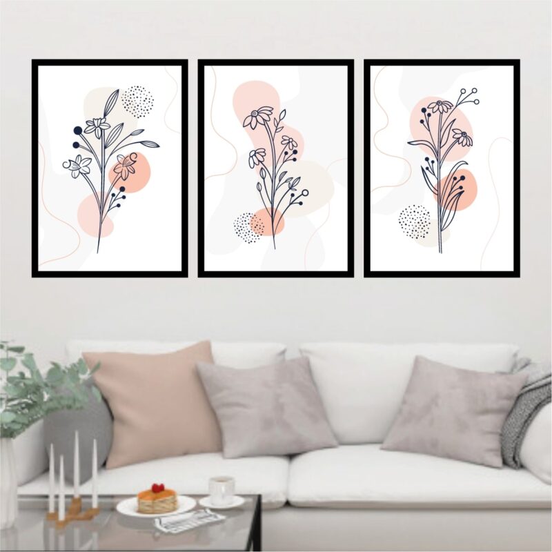 Kit de 3 Quadros com flores e fundo branco e rosa