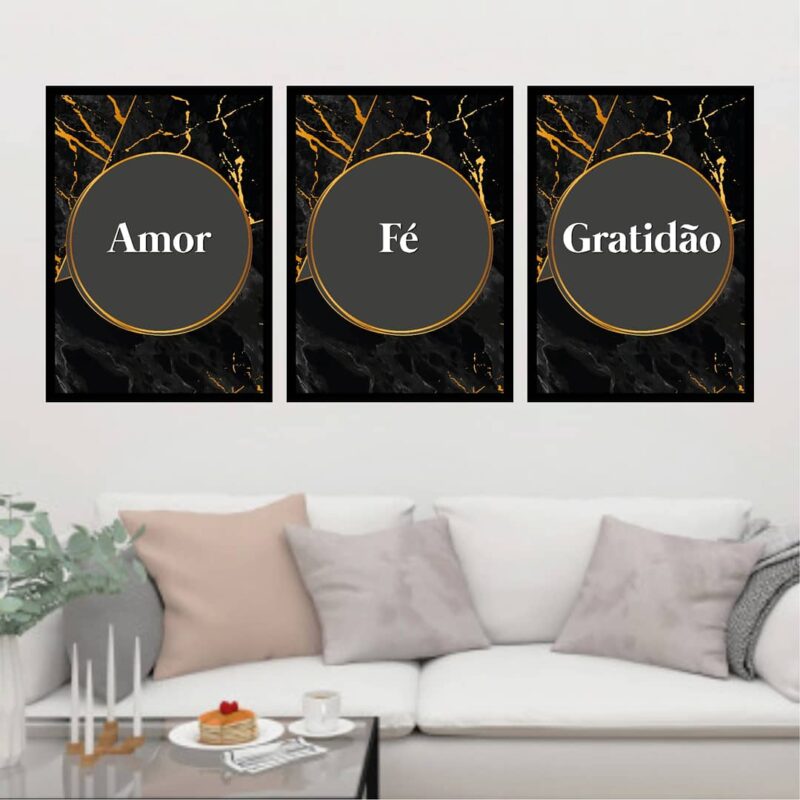 Quadros Decorativos palavras Amor, Fé, Gratidão. Fundo Preto