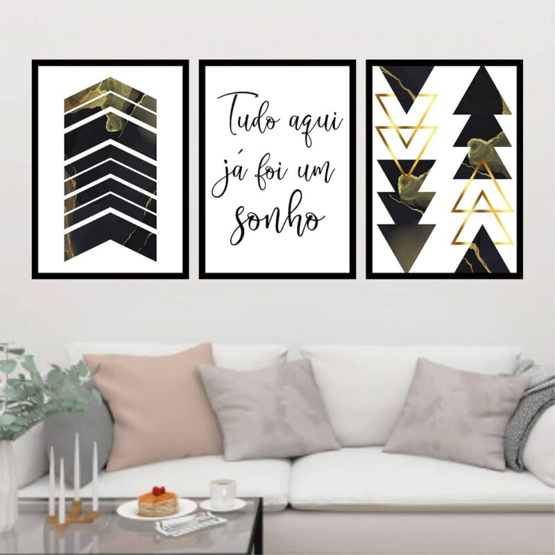 Quadros Decorativos Com triângulos Pretos e Dourados