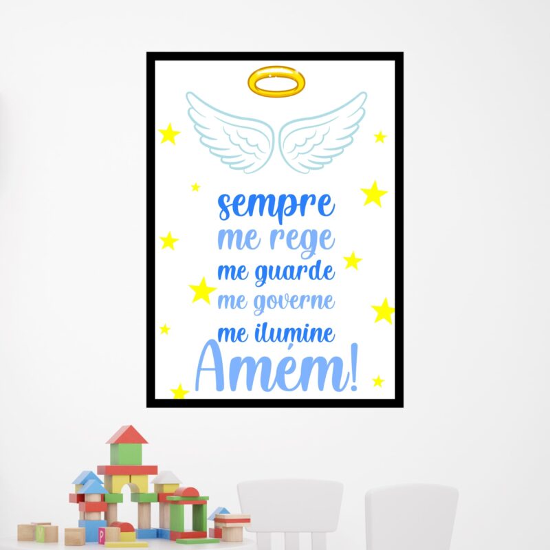 Quadro decorativo com oração na cor azul, asa de anjo, estrelas e auréola