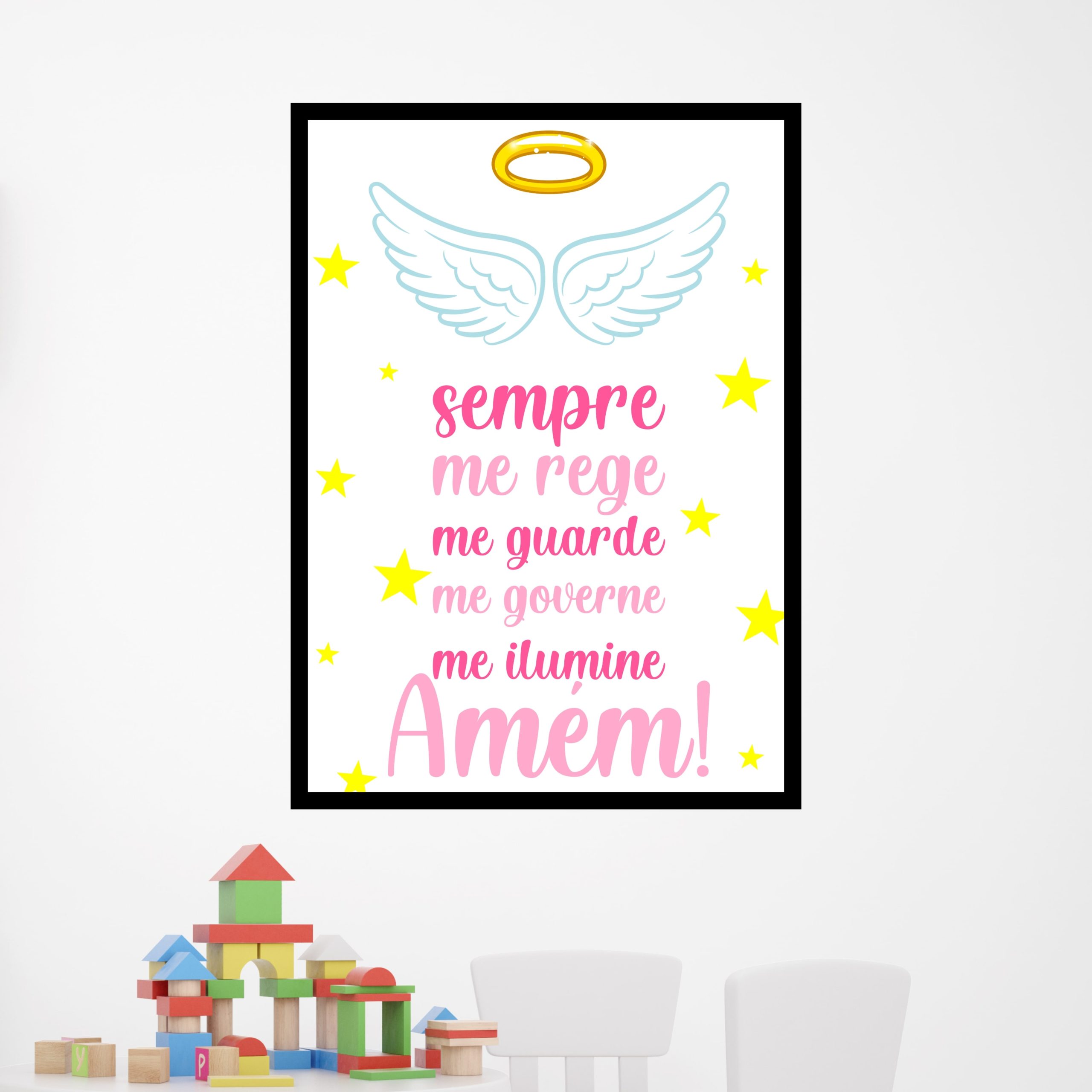 Quadro decorativo com oração na cor rosa, asa de anjo, estrelas e auréola