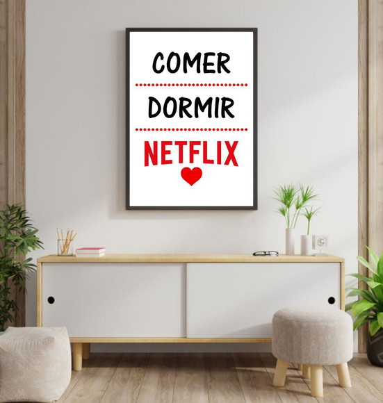 Quadro decorativo com frase sobre Netflix e coração vermelho