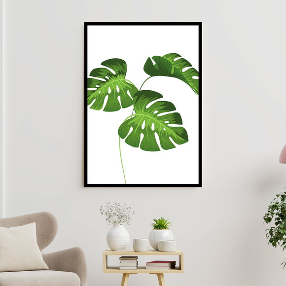 Quadro decorativo com folhas de costela de adão verde e fundo branco