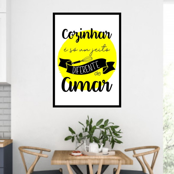 Quadro decorativo com frase sobre cozinhar - preto, amarelo e branco