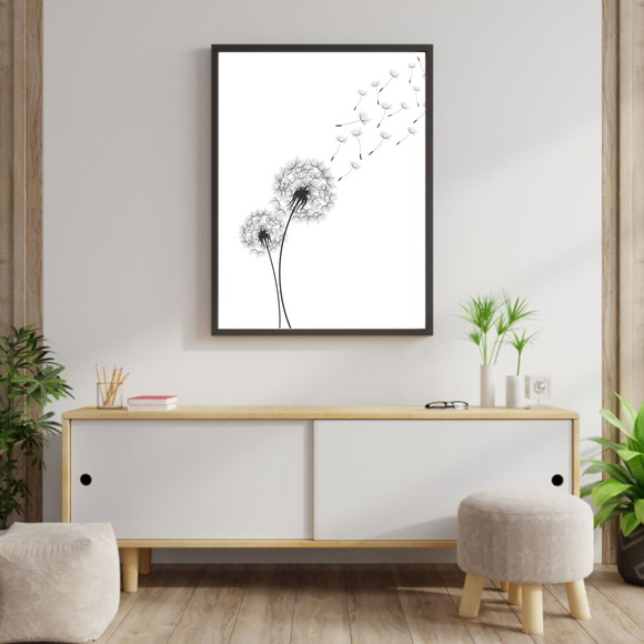 Quadro decorativo com flor dente de leão e pétalas voando - preto e branco