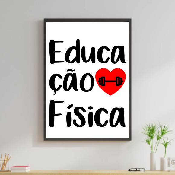 Quadro decorativo sobre Educação Física com coração vermelho e barra de peso