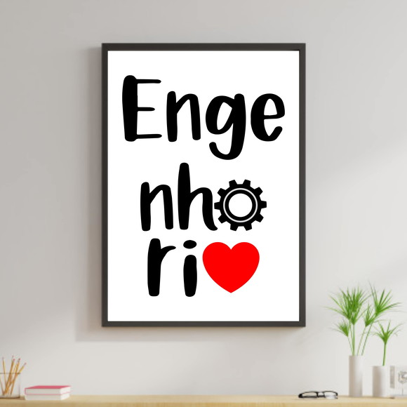 Quadro decorativo sobre Engenharia com engrenagem e coração vermelho