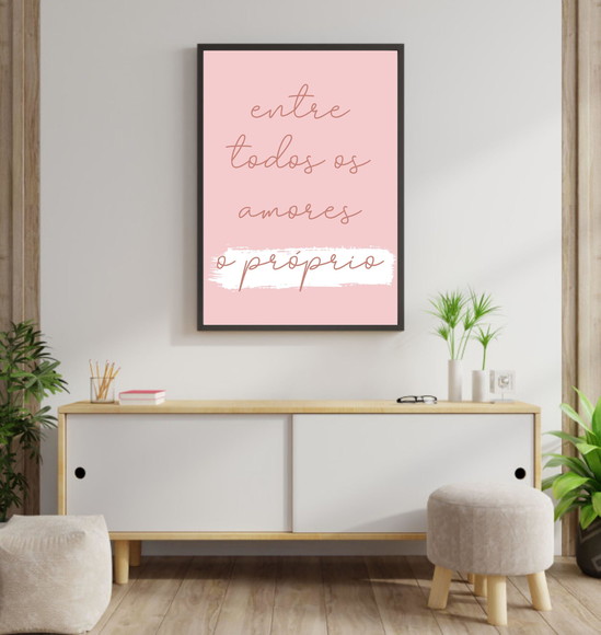 Quadro decorativo com frase sobre amor próprio - rosa e branco