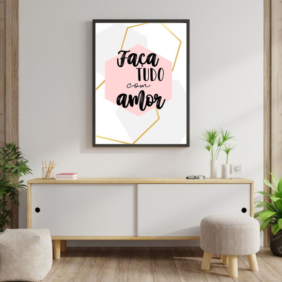 Quadro decorativo com frase de amor e figuras geométricas - rosa, dourado e cinza