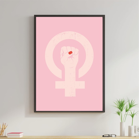 Quadro decorativo com símbolo do feminismo e fundo rosa