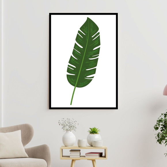 Quadro decorativo com folha verde e fundo branco