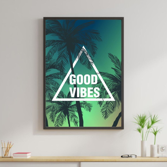 Quadro decorativo com frase em inglês e fundo verde com coqueiros