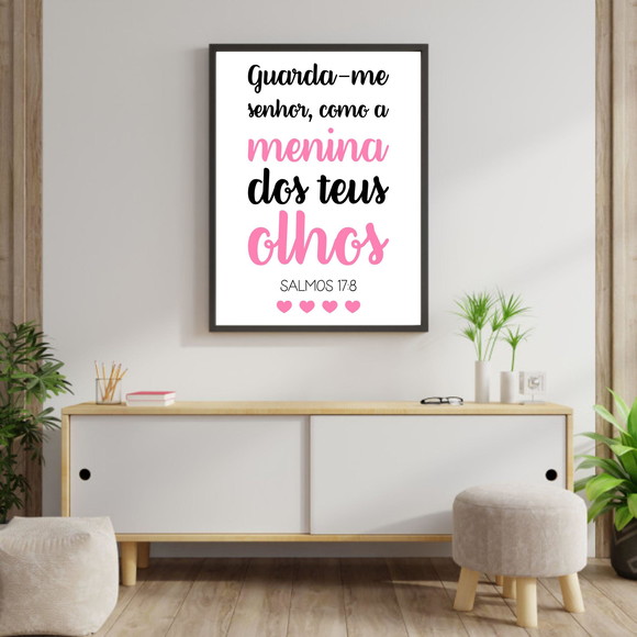 Quadro decorativo com trecho da bíblia salmo 17:8 preto e rosa