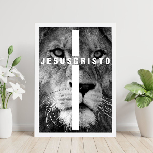 Quadro decorativo leão preto e branco com cruz e escrito Jesus Cristo