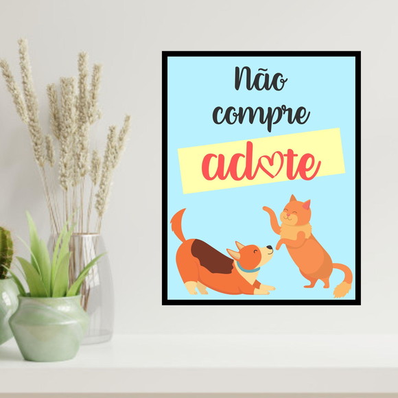 Quadro decorativo sobre adoção de animais com gato e cachorro