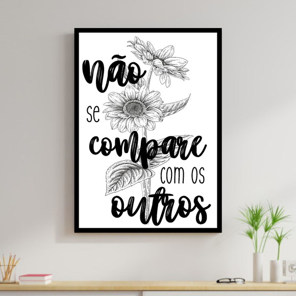 Quadro decorativo com frase e flor preto e branca