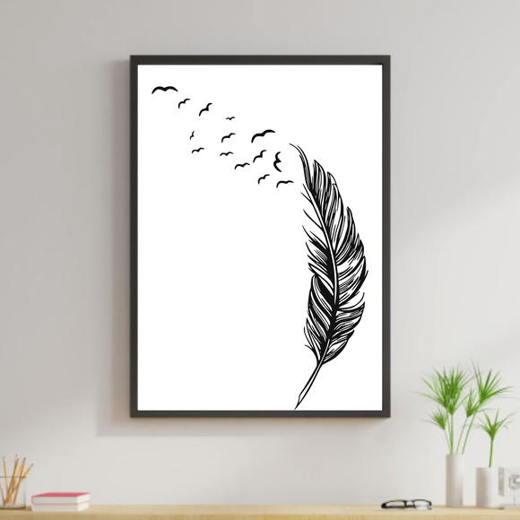 Quadro decorativo com pena e pássaros. Fundo branco