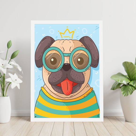 Quadro decorativo com cachorro de óculos, coroa e colorido