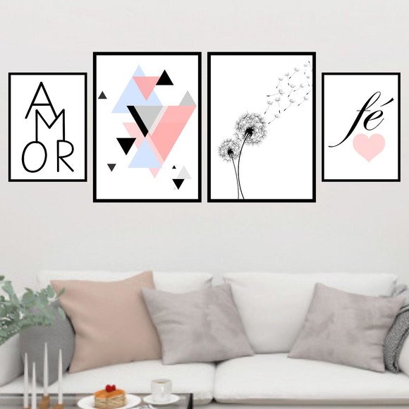 Kit 4 quadros decorativos com tamanhos variados e palavras amor e fé