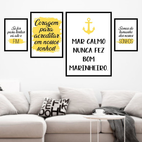 kit 4 quadros decorativos com frase mar calmo nunca fez bom marinheiro