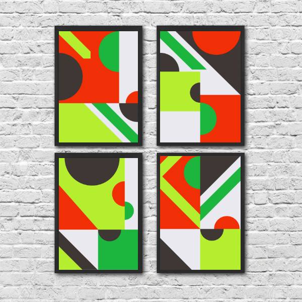 kit com 4 quadros abstratos com figuras geométricas em cores cítricas