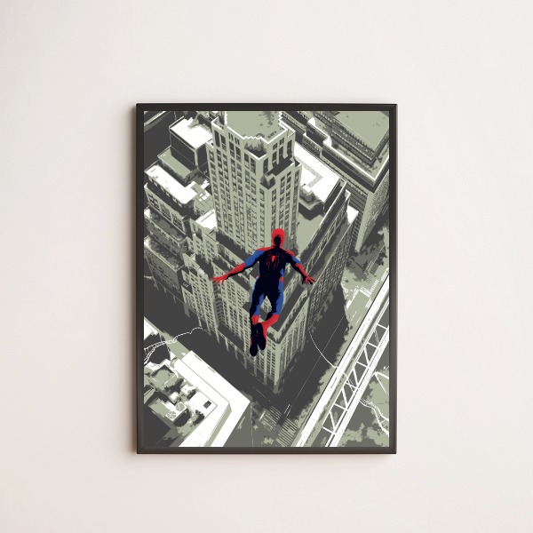 Quadro decorativo Homem aranha colorido com fundo de prédios preto e branco