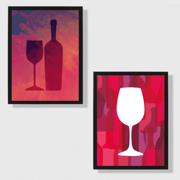 Kit 2 quadros decorativos figurativos estilizados com desenho de taça e garrafa de vinho