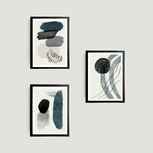 kit 3 quadros decorativos abstratos com cores cinza e preto