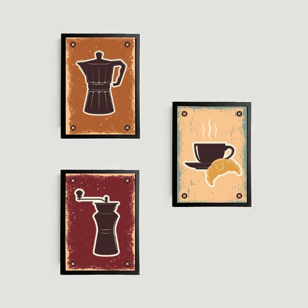 kit 3 quadros decorativos com ilustração de café e croissant