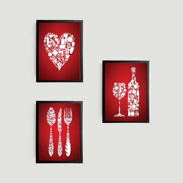 kit com 3 quadros decorativos de cozinha com imagens de utensílios de cozinha copo e garrafa de vinho com fundo vermelho