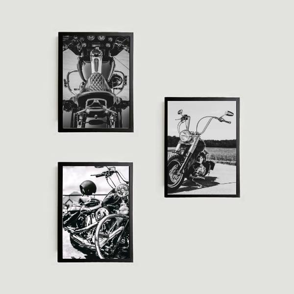 Kit de 3 quadros de fotografias preta e brancas de motocicletas