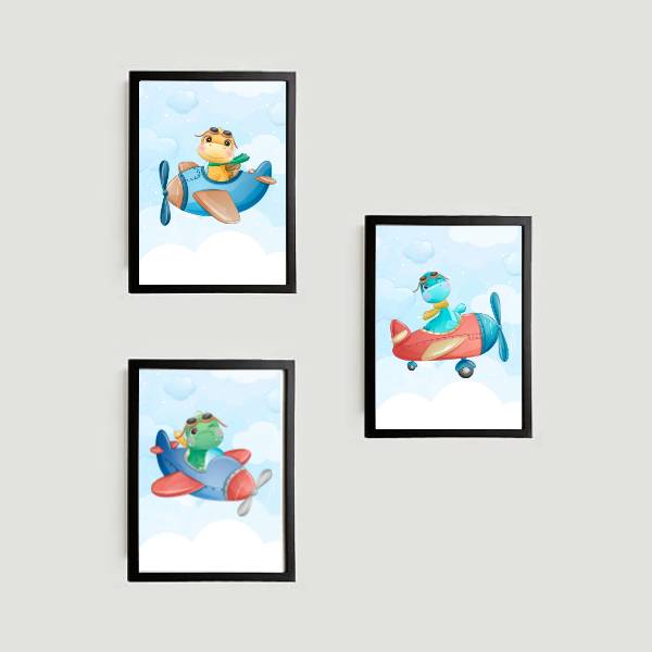 kit 3 quadros decorativos infantis com ilustração de dinossaurinhos em avião