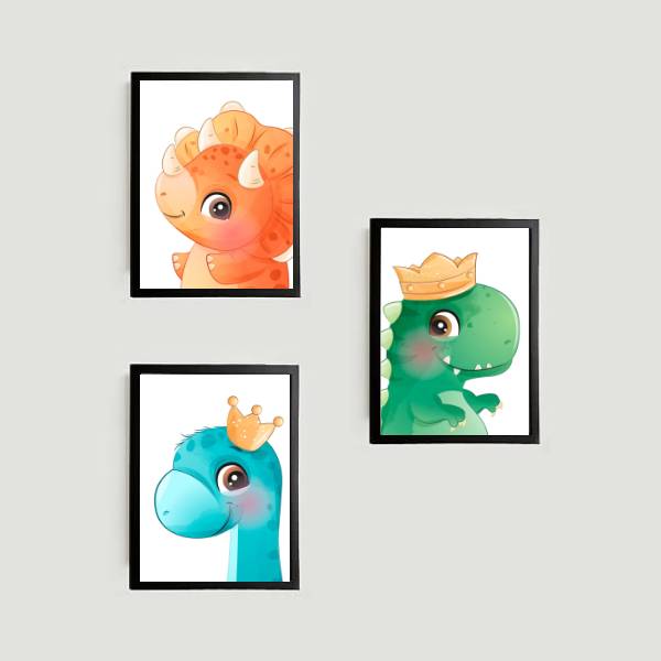 Kit 3 quadros decorativos infantis com desenhos de dinossaurinhos coloridos