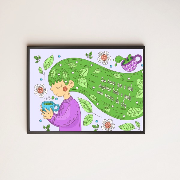 Quadro decorativo com frase sobre a vida e o chá com menina de cabelos verdes