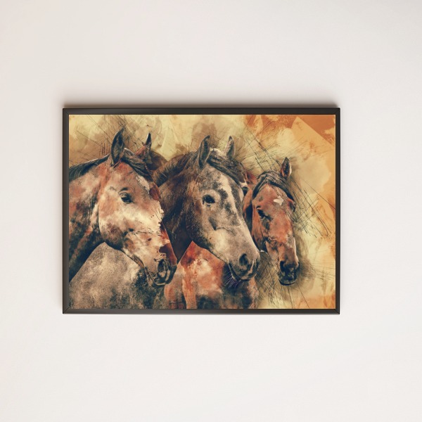 Quadro decorativo desenho artístico cavalos marrons