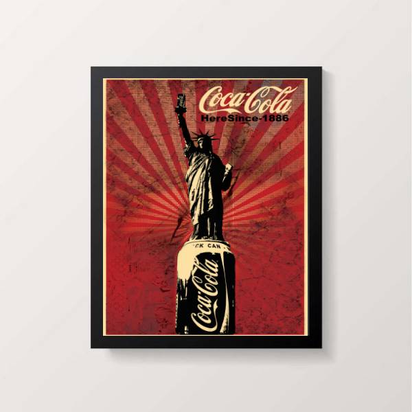 Quadro decorativo com propaganda retrô da coca-cola e estátua da liberdade