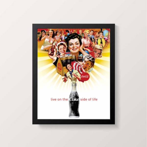 Quadro decorativo com propaganda retrô da Coca-Cola com mulheres saindo da garrafa