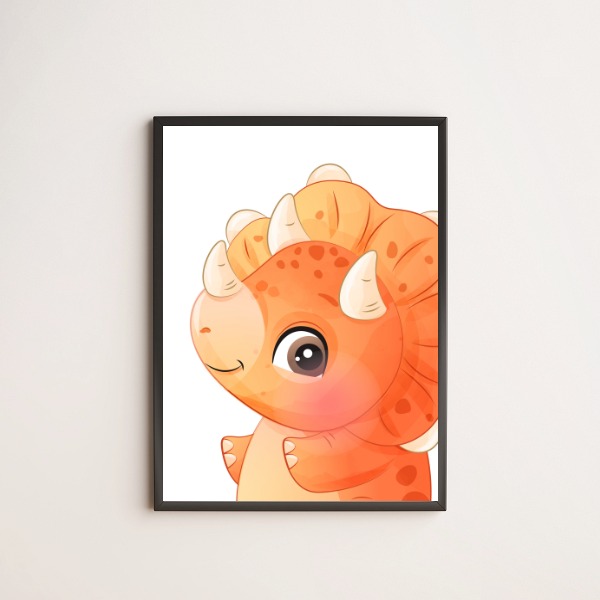 quadro decorativo infantil com ilustração de dinossaurinho laranja