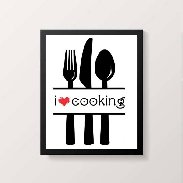 Quadro Decorativo com desenho de talheres e frase I love cooking