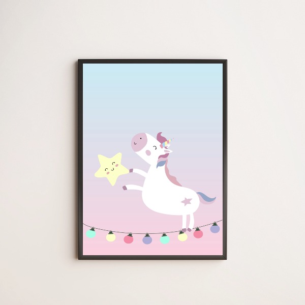 Quadro decorativo infantil com ilustração de unicórnio com estrelinhas