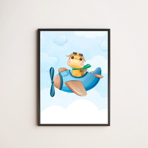 Quadro decorativo infantil com desenho de dinossaurinho pilotando um avião