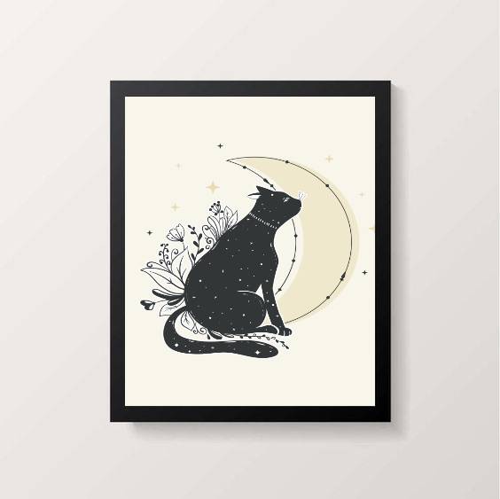 Quadro Decorativo com ilustração de gato preto com lua