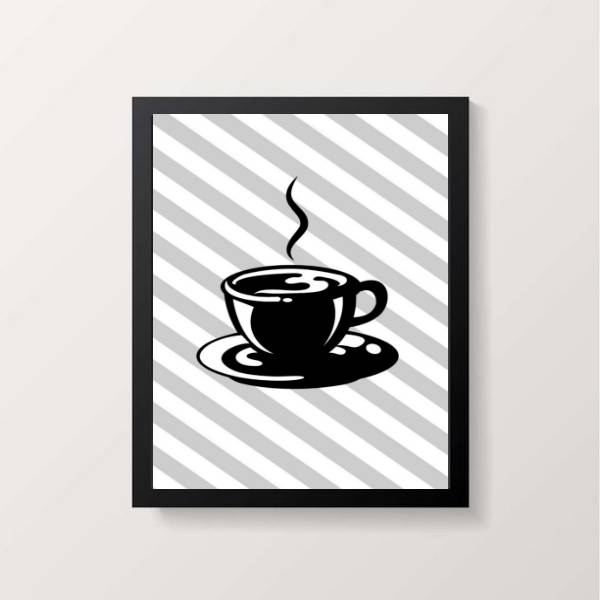 Quadro decorativo xícara de café com fundo listrado