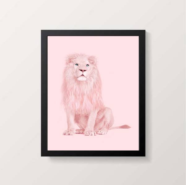 Quadro decorativo com fotografia de leão rosa com fundo rosa