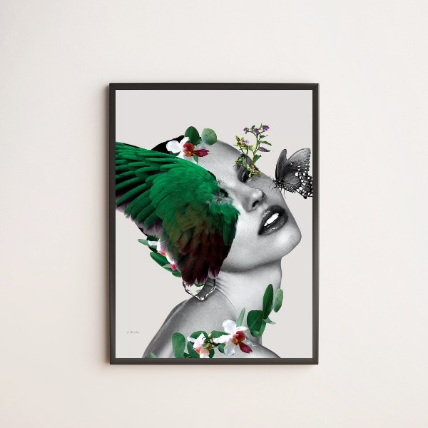 quadro decorativo mulher com asa e flores