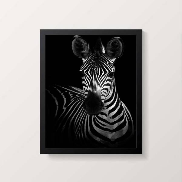 Quadro decorativo com fotografia de zebra preta e branca