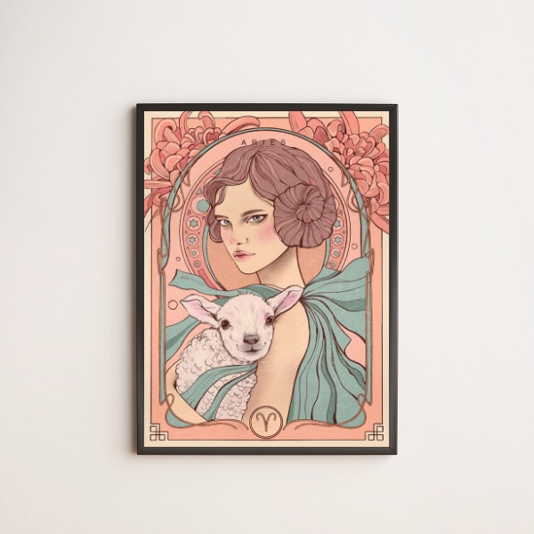 Quadro decorativo estilo vintage com ilustração de mulher do signo de áries