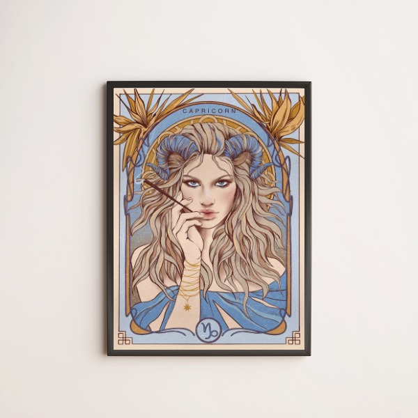 quadro vintage com ilustração de mulher do signo de capricórnio